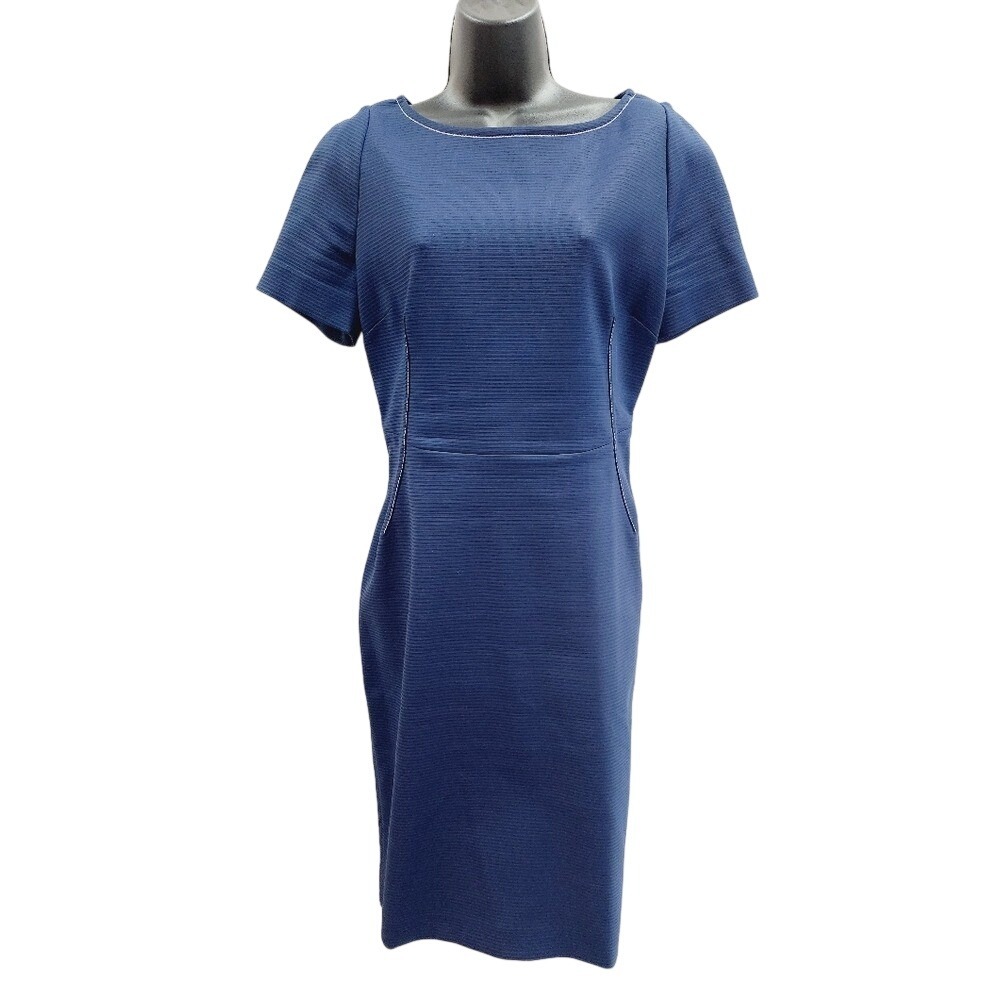 Piazza Sempione Navy Blue Textured Sheath Dress Contrast Stitch Italy Size IT 48